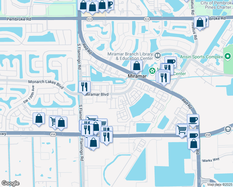 map of restaurants, bars, coffee shops, grocery stores, and more near 57 Centergate Drive in Miramar