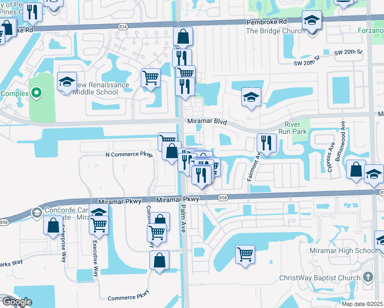 map of restaurants, bars, coffee shops, grocery stores, and more near 2716 River Run Circle South in Miramar