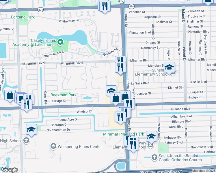 map of restaurants, bars, coffee shops, grocery stores, and more near 2773 Southwest 82nd Avenue in Miramar