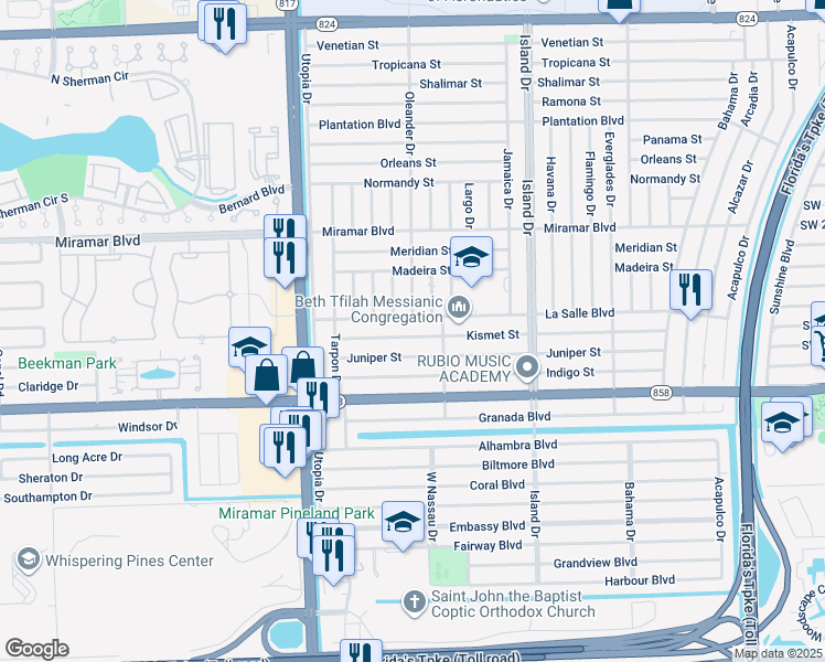 map of restaurants, bars, coffee shops, grocery stores, and more near 7825 Kismet Street in Miramar