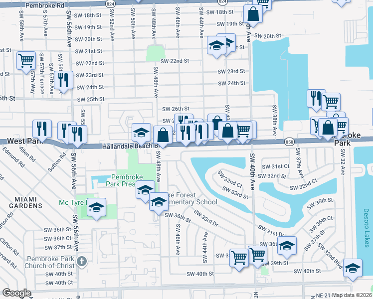 map of restaurants, bars, coffee shops, grocery stores, and more near 4520 Hallandale Beach Boulevard in Pembroke Park
