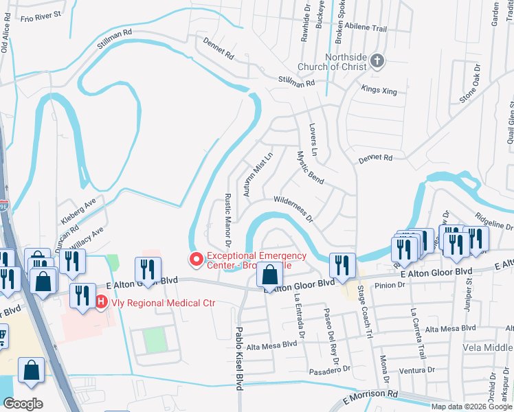 map of restaurants, bars, coffee shops, grocery stores, and more near Autumn Mist Ln in Brownsville