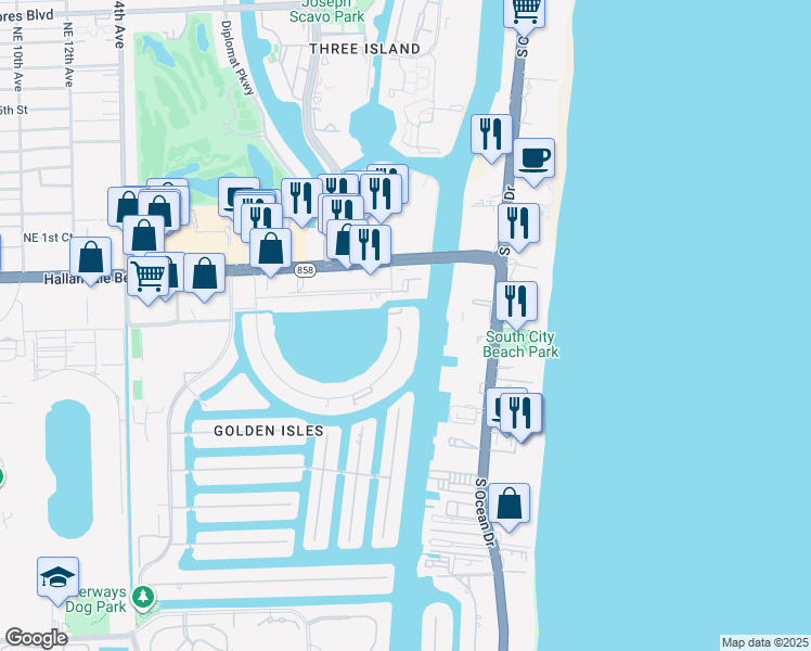 map of restaurants, bars, coffee shops, grocery stores, and more near 100 Golden Isles Drive in Hallandale Beach
