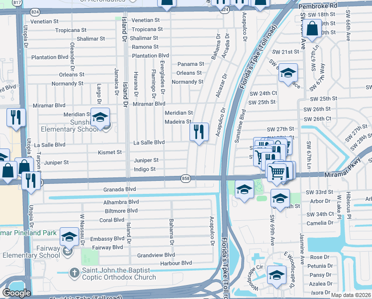 map of restaurants, bars, coffee shops, grocery stores, and more near 7420 La Salle Boulevard in Hollywood
