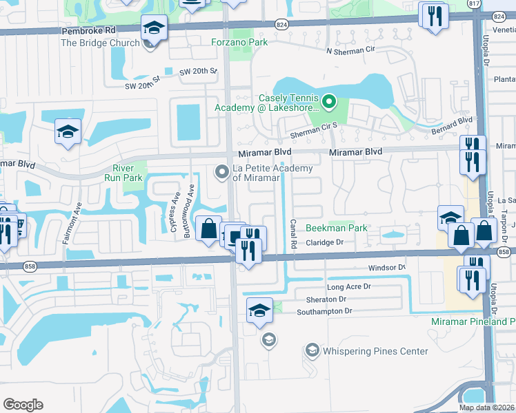 map of restaurants, bars, coffee shops, grocery stores, and more near 8840 South Bermuda Drive in Miramar
