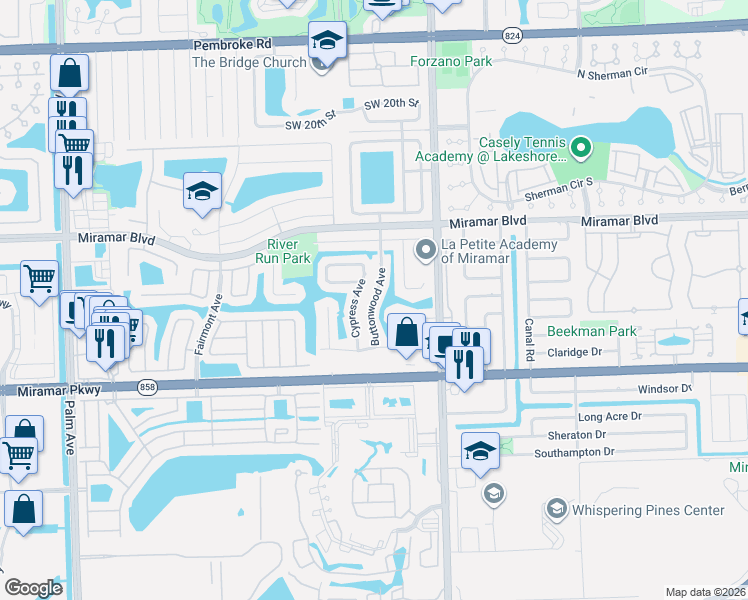 map of restaurants, bars, coffee shops, grocery stores, and more near 9210 South Cypress Circle in Miramar