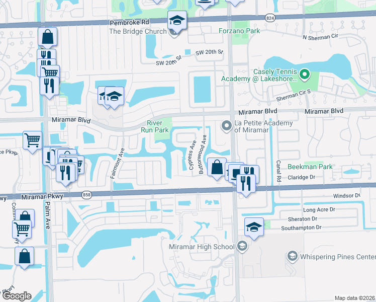 map of restaurants, bars, coffee shops, grocery stores, and more near 9210 South Cypress Circle in Miramar
