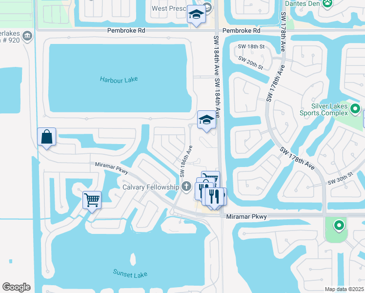 map of restaurants, bars, coffee shops, grocery stores, and more near 18753 Southwest 27th Street in Miramar
