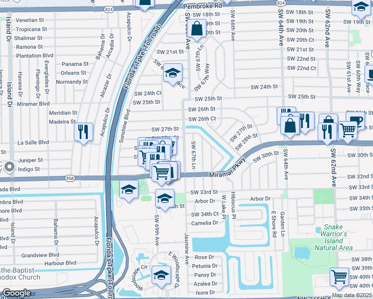 map of restaurants, bars, coffee shops, grocery stores, and more near 2808 Southwest 67th Lane in Miramar