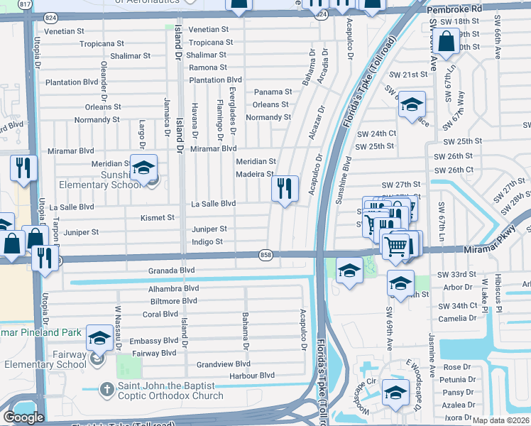 map of restaurants, bars, coffee shops, grocery stores, and more near 7420 La Salle Boulevard in Hollywood