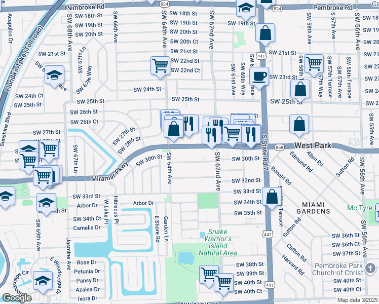 map of restaurants, bars, coffee shops, grocery stores, and more near 6240 Florida 858 in Miramar