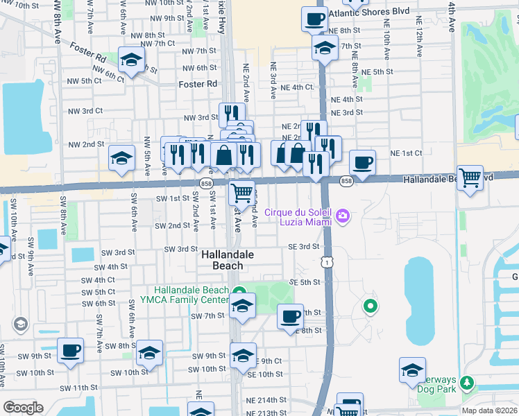 map of restaurants, bars, coffee shops, grocery stores, and more near 105 Southeast 2nd Avenue in Hallandale Beach