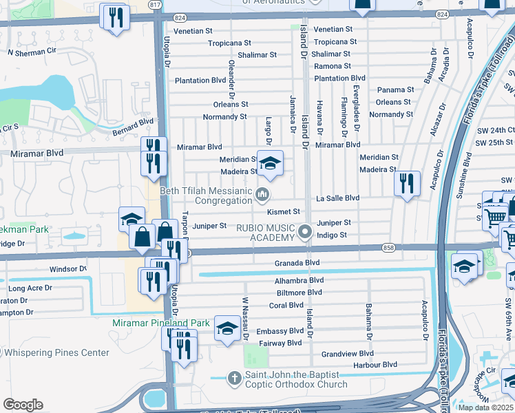 map of restaurants, bars, coffee shops, grocery stores, and more near 7790 La Salle Boulevard in Miramar