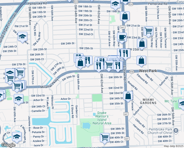 map of restaurants, bars, coffee shops, grocery stores, and more near 6240 Florida 858 in Miramar