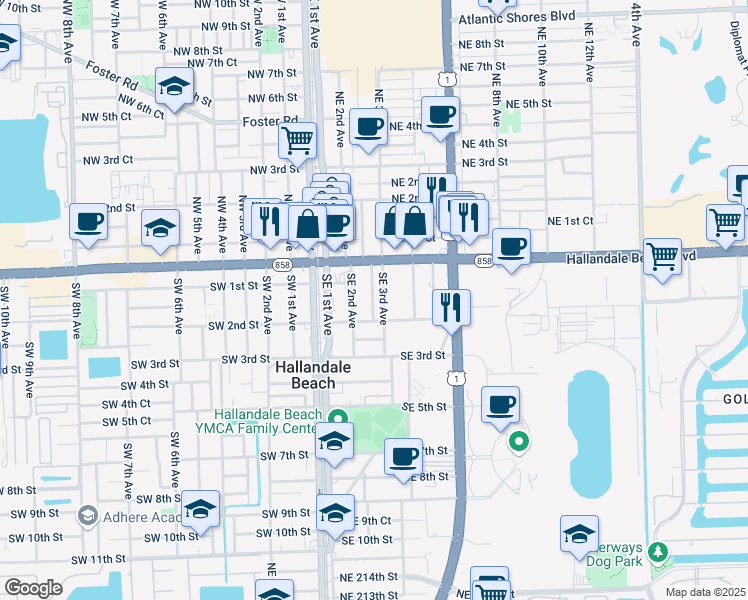 map of restaurants, bars, coffee shops, grocery stores, and more near 105 Southeast 2nd Avenue in Hallandale Beach