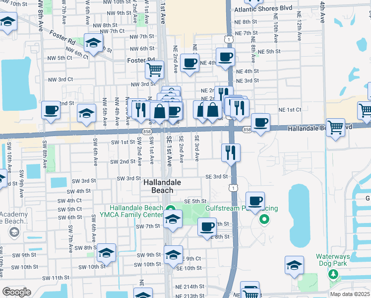 map of restaurants, bars, coffee shops, grocery stores, and more near 105 Southeast 2nd Avenue in Hallandale Beach