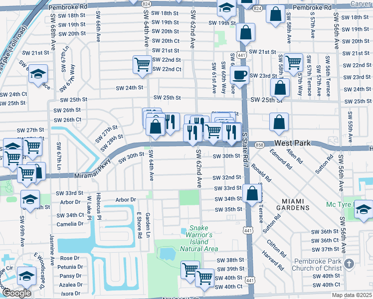 map of restaurants, bars, coffee shops, grocery stores, and more near 6201 Miramar Parkway in Miramar