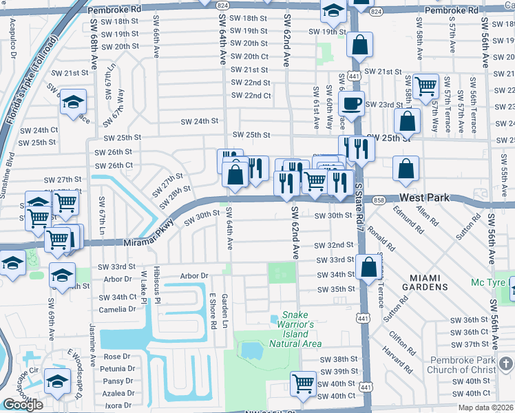 map of restaurants, bars, coffee shops, grocery stores, and more near 6240 Florida 858 in Miramar