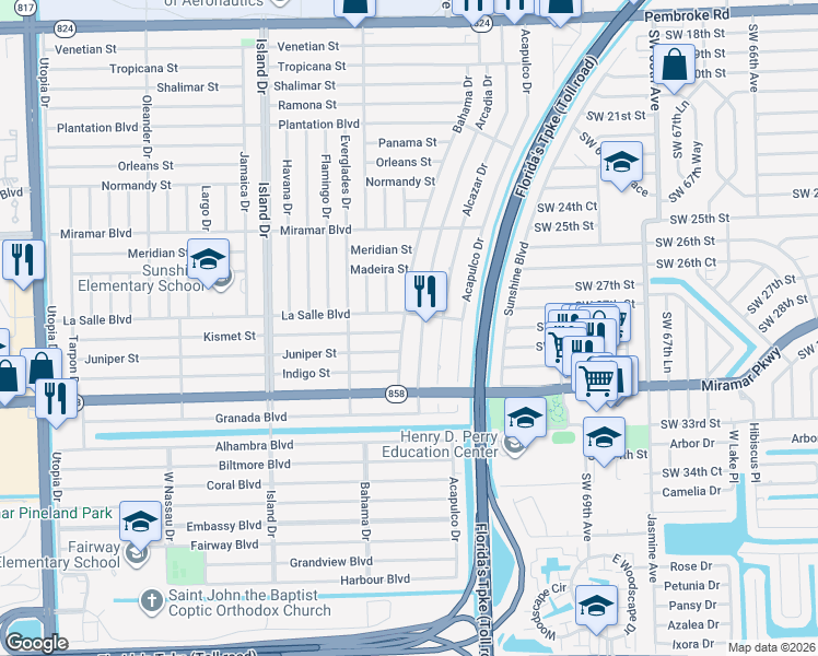 map of restaurants, bars, coffee shops, grocery stores, and more near 7420 La Salle Boulevard in Hollywood