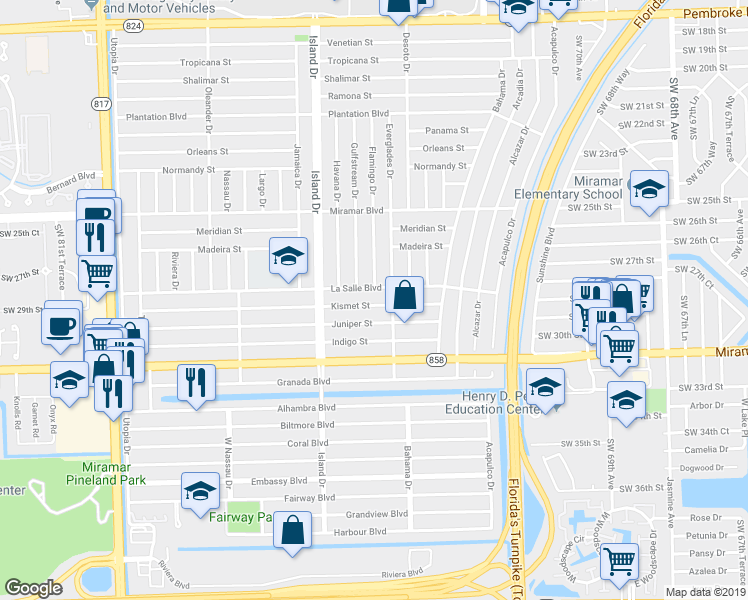 map of restaurants, bars, coffee shops, grocery stores, and more near 7636 La Salle Boulevard in Miramar
