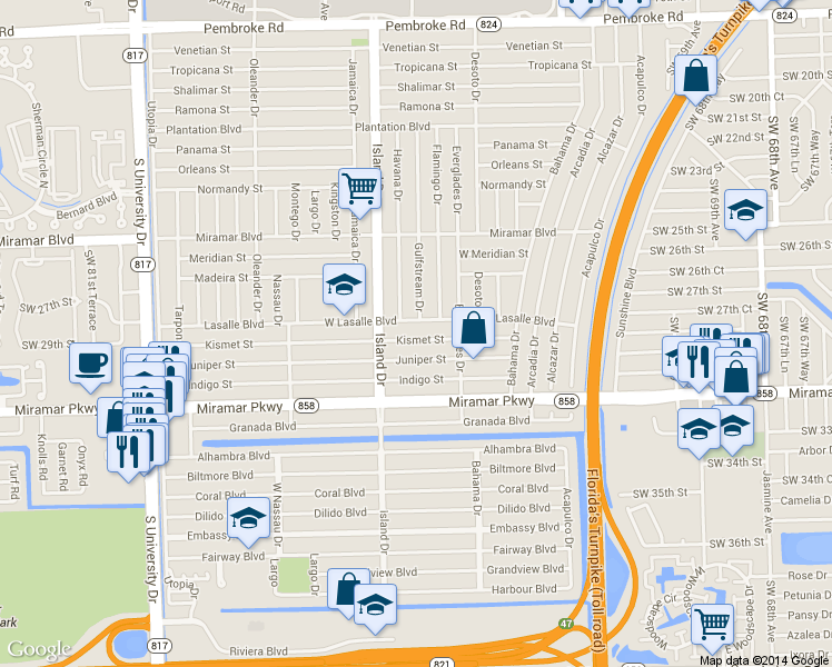 map of restaurants, bars, coffee shops, grocery stores, and more near 7636 La Salle Boulevard in Miramar