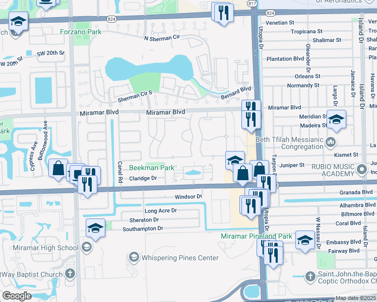 map of restaurants, bars, coffee shops, grocery stores, and more near 2741 Southwest 83rd Terrace in Miramar