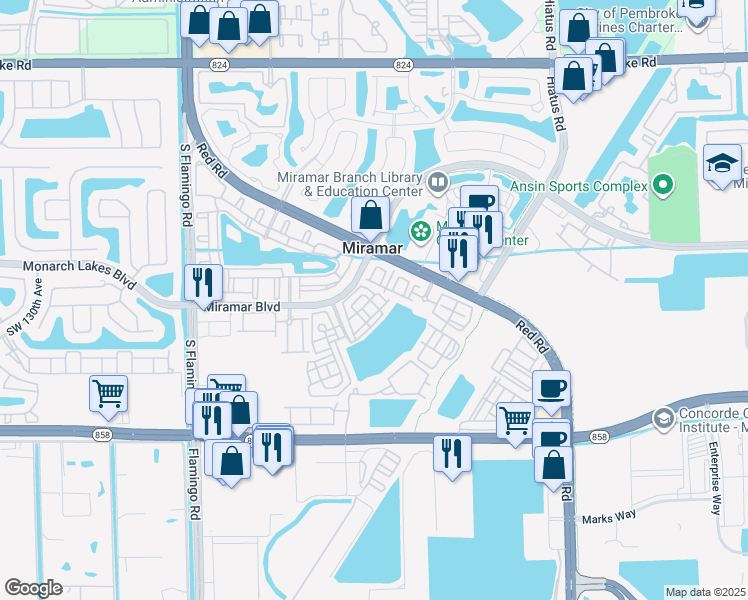 map of restaurants, bars, coffee shops, grocery stores, and more near 11878 Southwest 25th Court in Miramar