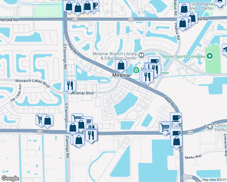 map of restaurants, bars, coffee shops, grocery stores, and more near 11878 Southwest 25th Court in Miramar