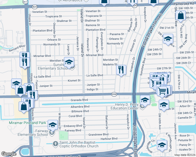 map of restaurants, bars, coffee shops, grocery stores, and more near 7636 La Salle Boulevard in Miramar