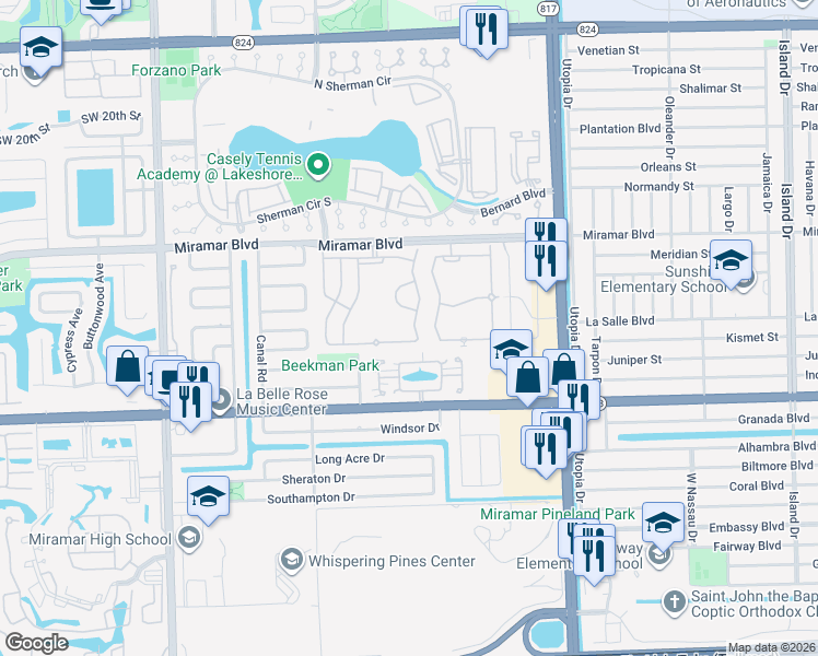 map of restaurants, bars, coffee shops, grocery stores, and more near 2741 Southwest 83rd Terrace in Miramar