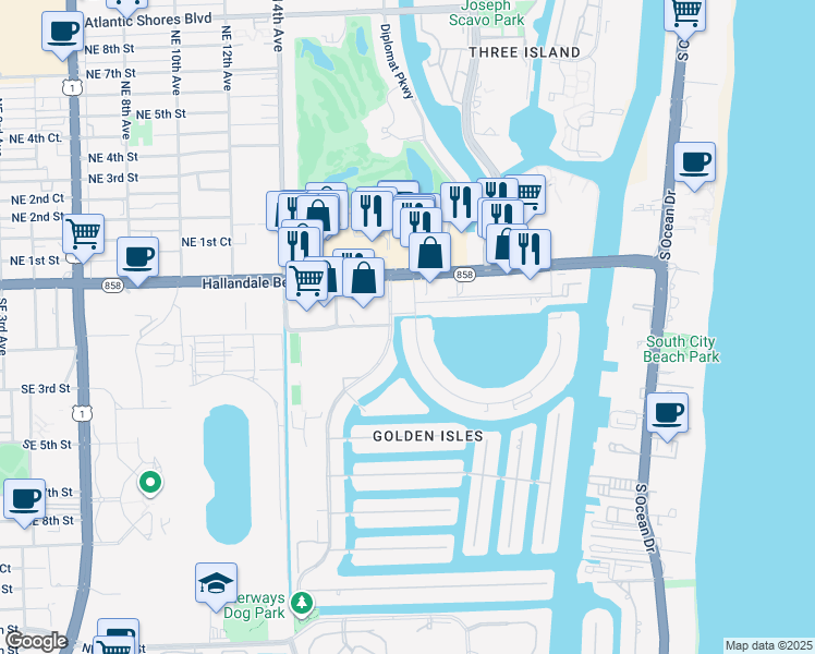 map of restaurants, bars, coffee shops, grocery stores, and more near 150 Layne Boulevard in Hallandale Beach