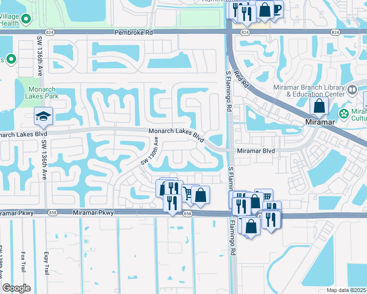 map of restaurants, bars, coffee shops, grocery stores, and more near 12838 Southwest 26th Street in Miramar