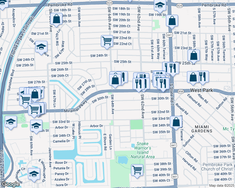 map of restaurants, bars, coffee shops, grocery stores, and more near 6330 Miramar Pkwy in Miramar