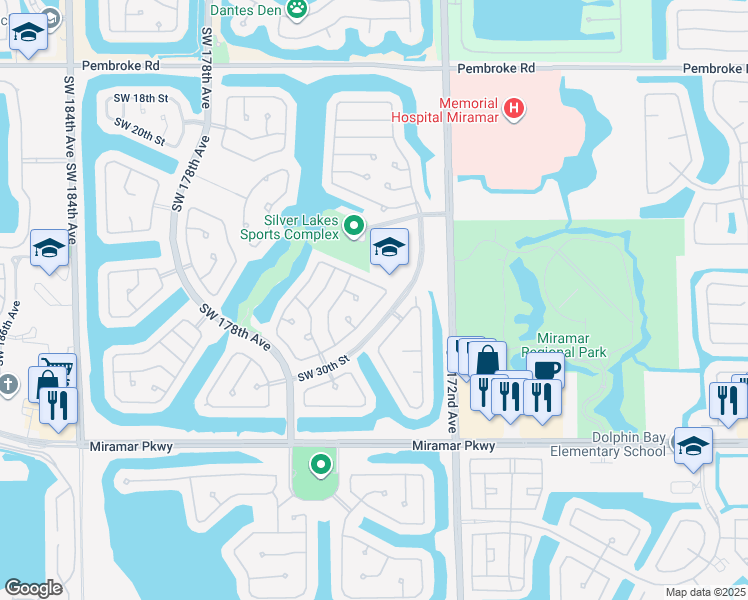 map of restaurants, bars, coffee shops, grocery stores, and more near 2992 Southwest 174th Avenue in Miramar