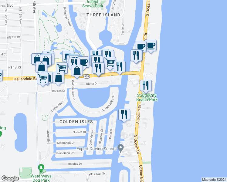 map of restaurants, bars, coffee shops, grocery stores, and more near 2500 Diana Drive in Hallandale Beach