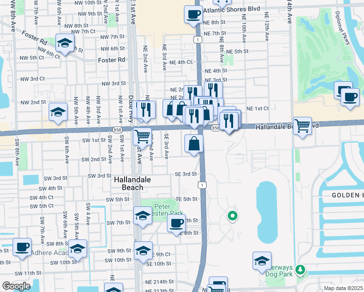 map of restaurants, bars, coffee shops, grocery stores, and more near 110 Southeast 5th Avenue in Hallandale Beach