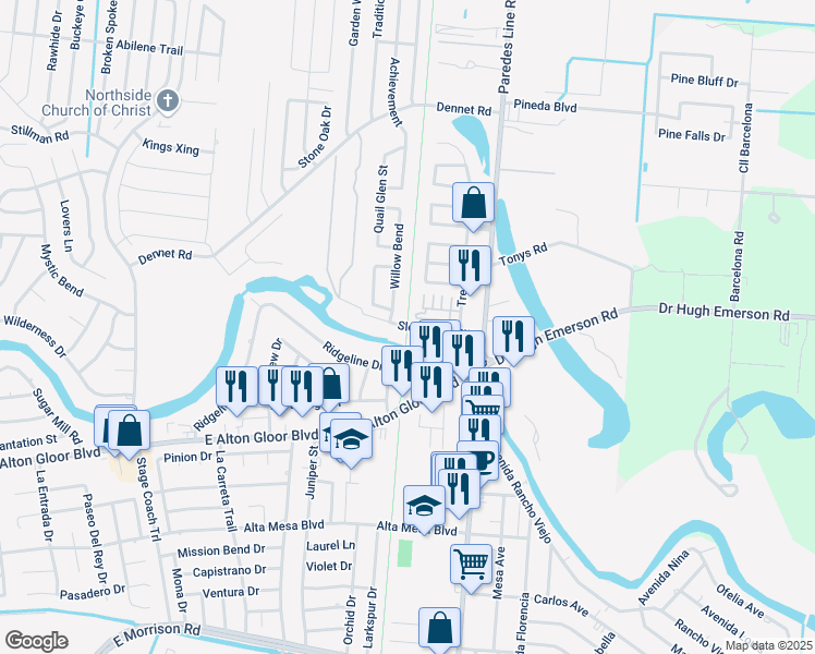 map of restaurants, bars, coffee shops, grocery stores, and more near Brownsville Historic Battlefield Hike and Bike Trail in Brownsville