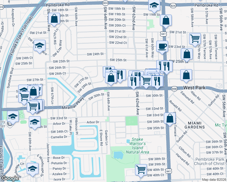 map of restaurants, bars, coffee shops, grocery stores, and more near 6330 Miramar Parkway in Miramar