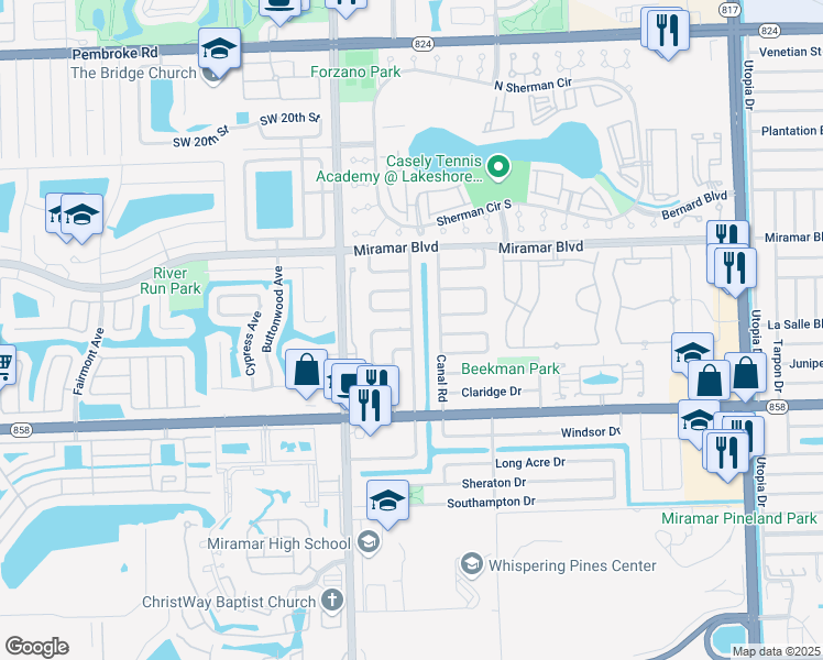 map of restaurants, bars, coffee shops, grocery stores, and more near 8747 North Crescent Drive in Miramar