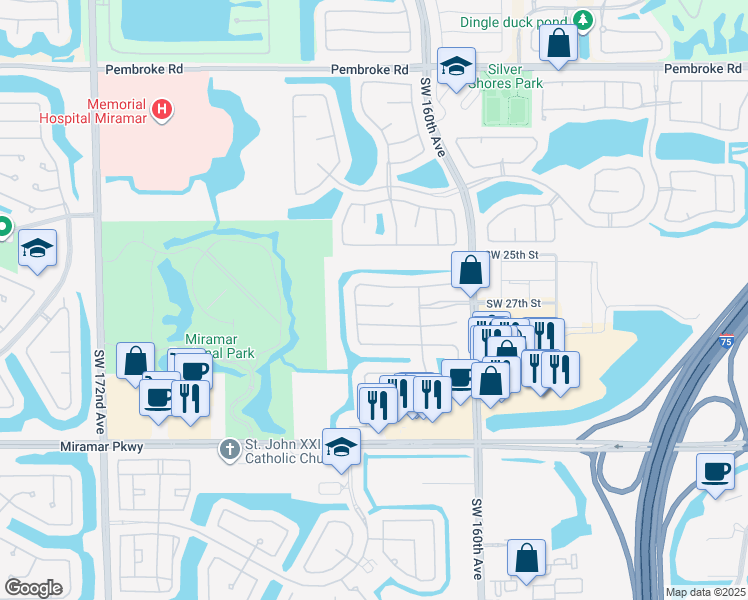 map of restaurants, bars, coffee shops, grocery stores, and more near 16436 Southwest 27th Street in Miramar