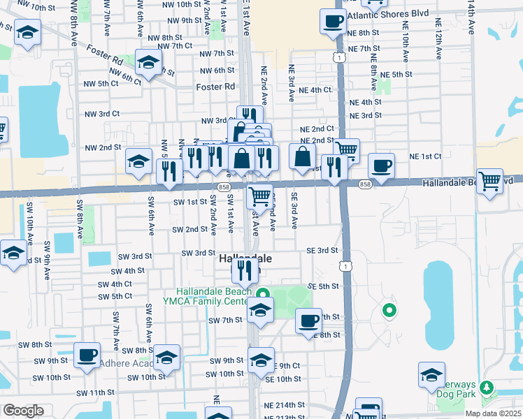 map of restaurants, bars, coffee shops, grocery stores, and more near 111 Southeast 1st Avenue in Hallandale Beach