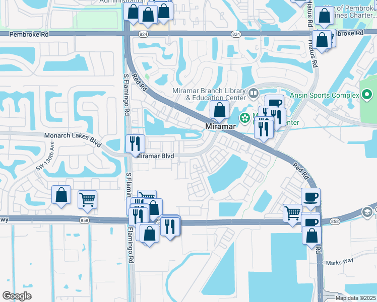 map of restaurants, bars, coffee shops, grocery stores, and more near 57 Centergate Drive in Miramar