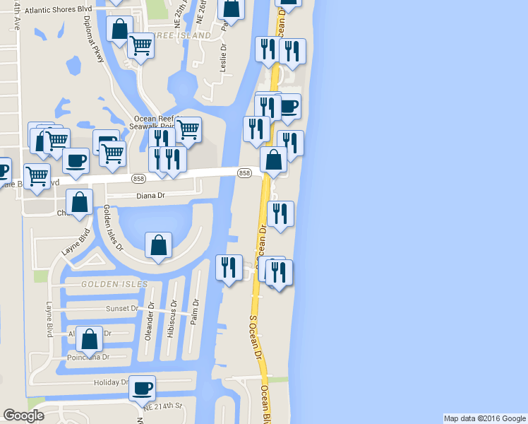 map of restaurants, bars, coffee shops, grocery stores, and more near 1847 South Ocean Drive in Hallandale Beach