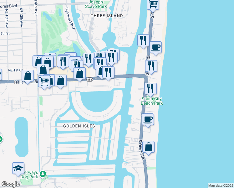 map of restaurants, bars, coffee shops, grocery stores, and more near 2500 Diana Drive in Hallandale Beach