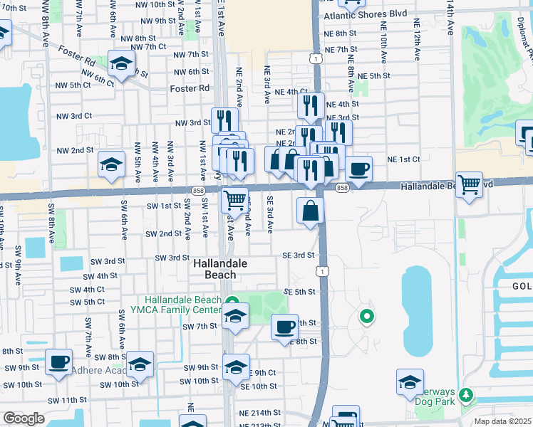 map of restaurants, bars, coffee shops, grocery stores, and more near 41 Southeast 3rd Avenue in Hallandale Beach