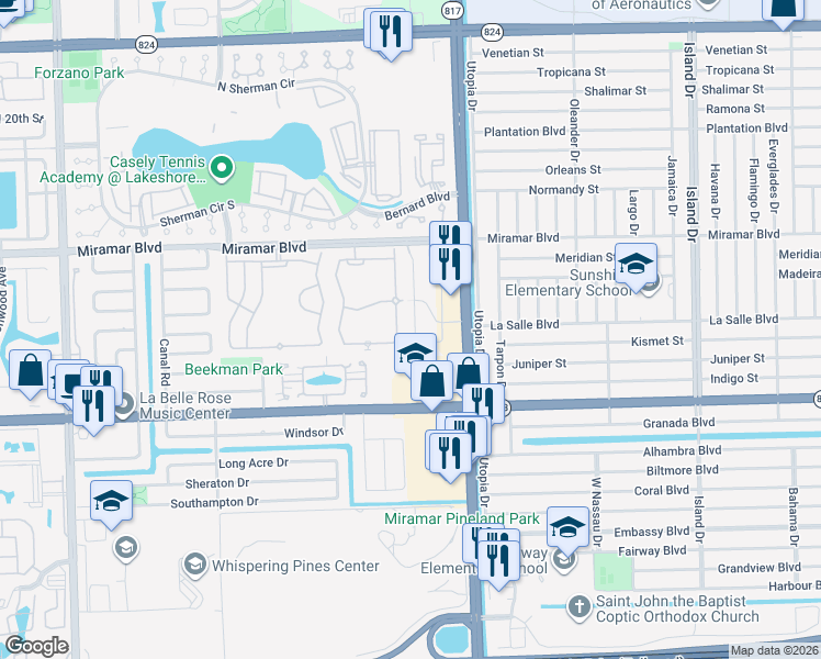 map of restaurants, bars, coffee shops, grocery stores, and more near 2773 Southwest 82nd Avenue in Miramar