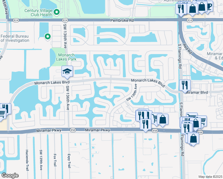 map of restaurants, bars, coffee shops, grocery stores, and more near 2700 Southwest 131st Terrace in Miramar