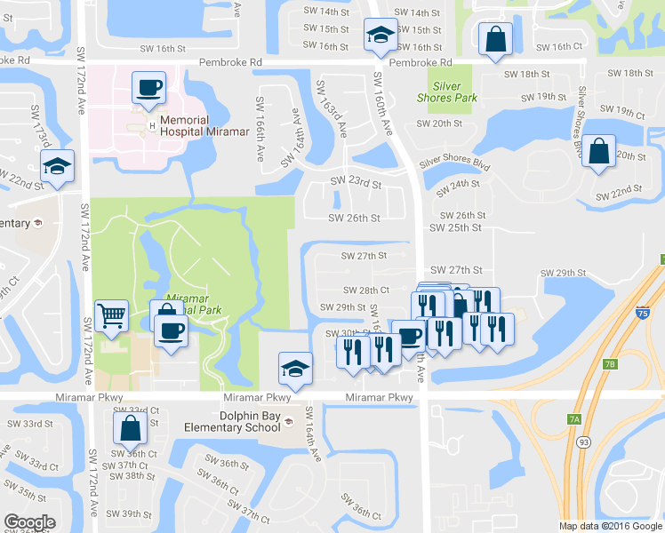 map of restaurants, bars, coffee shops, grocery stores, and more near 16436 Southwest 27th Street in Miramar