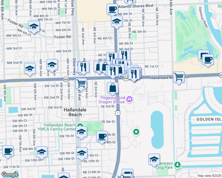 map of restaurants, bars, coffee shops, grocery stores, and more near 110 Southeast 5th Avenue in Hallandale Beach