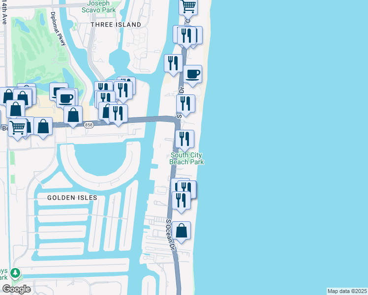 map of restaurants, bars, coffee shops, grocery stores, and more near 1847 South Ocean Drive in Hallandale Beach